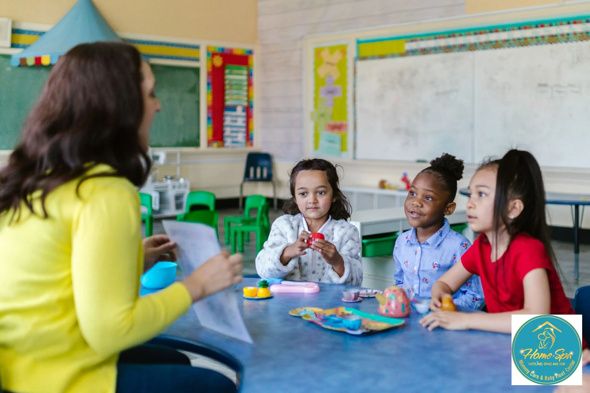 professional photo of an early childhood educator interacting with children in a classroom, children learning and playing, 1024x1024