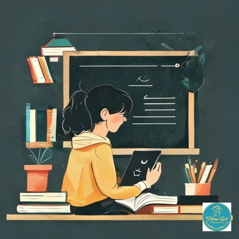 illustrative graphic of a student selecting an online course from a tablet, surrounded by books and a blackboard, minimalist design, 1024x1024