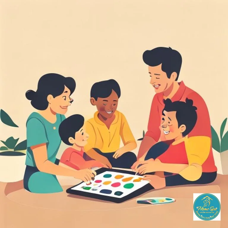 minimalist vector illustration of early childhood educator explaining screen time guidelines to parents, with educational apps on a tablet, 1024x1024