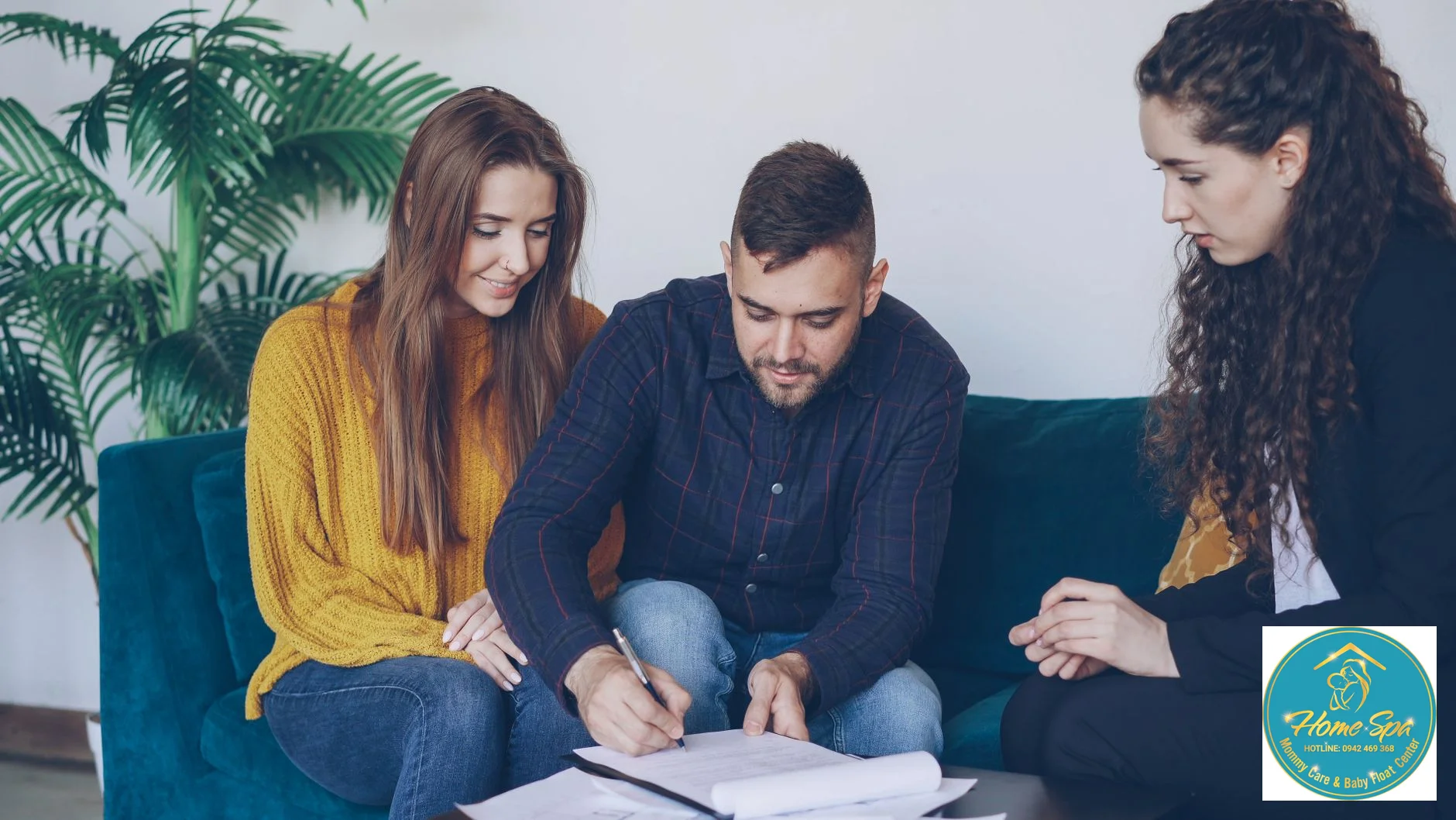 professional photo of a female early childhood education consultant advising a young couple with their baby, warm and friendly atmosphere, 1024x1024