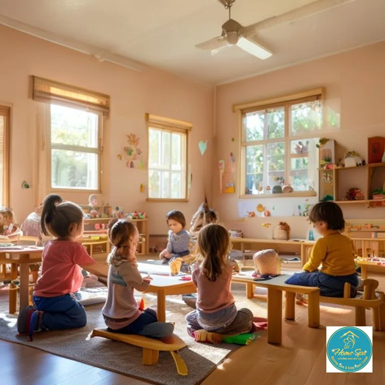 Montessori classroom with children engaging in self-directed activities, warm colors, natural light, 1024x1024