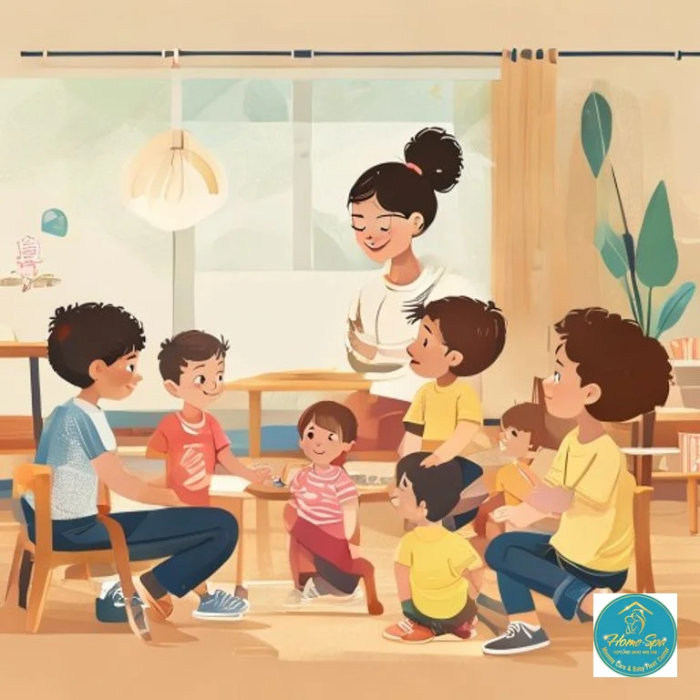 minimalist vector illustration of a certified early childhood educator interacting with diverse children in a classroom setting, 1024x1024