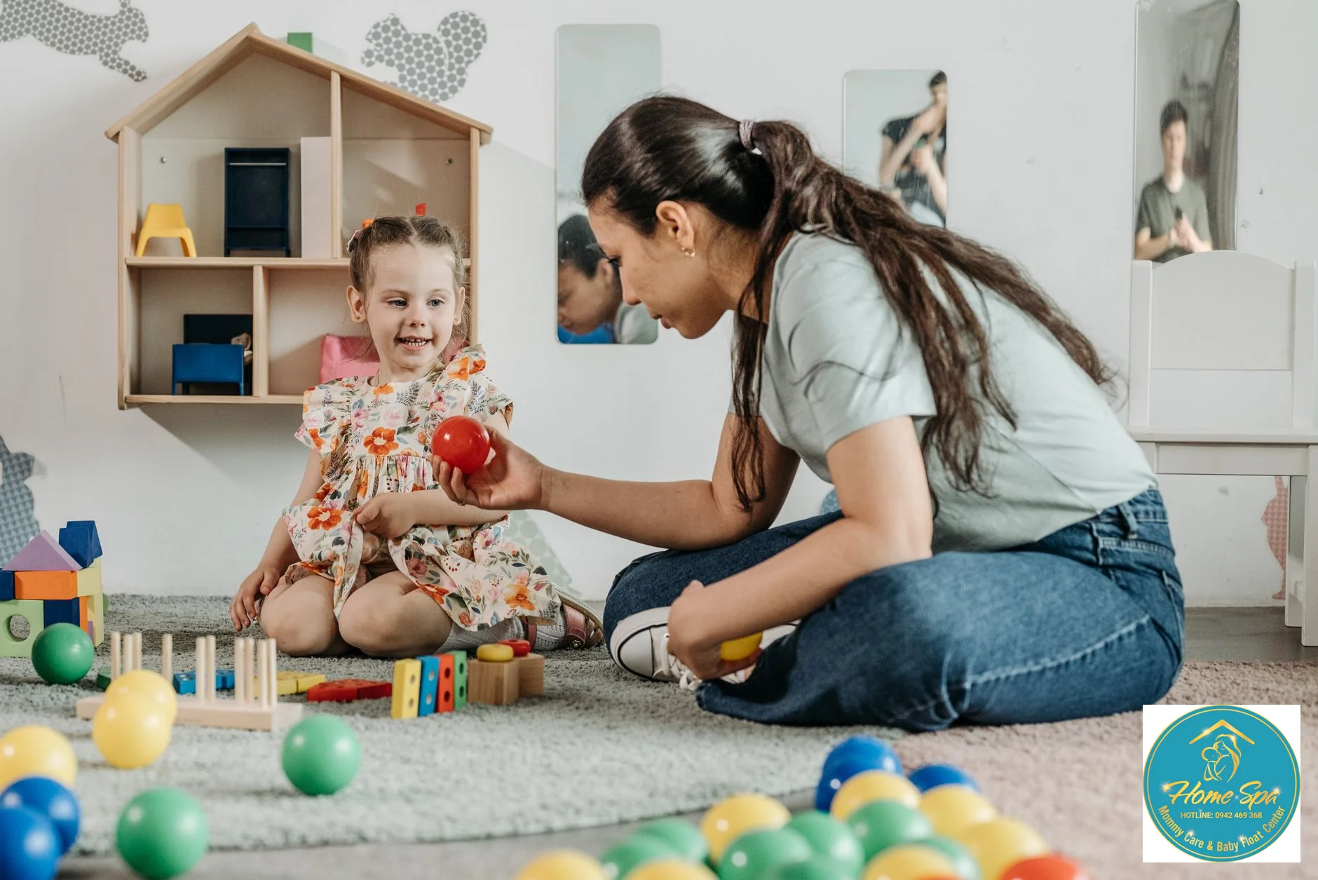 a happy child playing with educational toys in a brightly lit classroom with a certified teacher observing, 1024x1024
