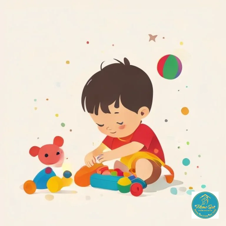 minimalist vector illustration of a child playing with colorful educational toys, learning and development, 1024x1024