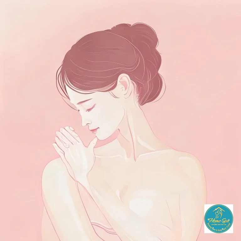 minimalist vector illustration of a woman gently massaging her breast, showing milk ducts flowing smoothly, soft pink and white colors, 1024x1024