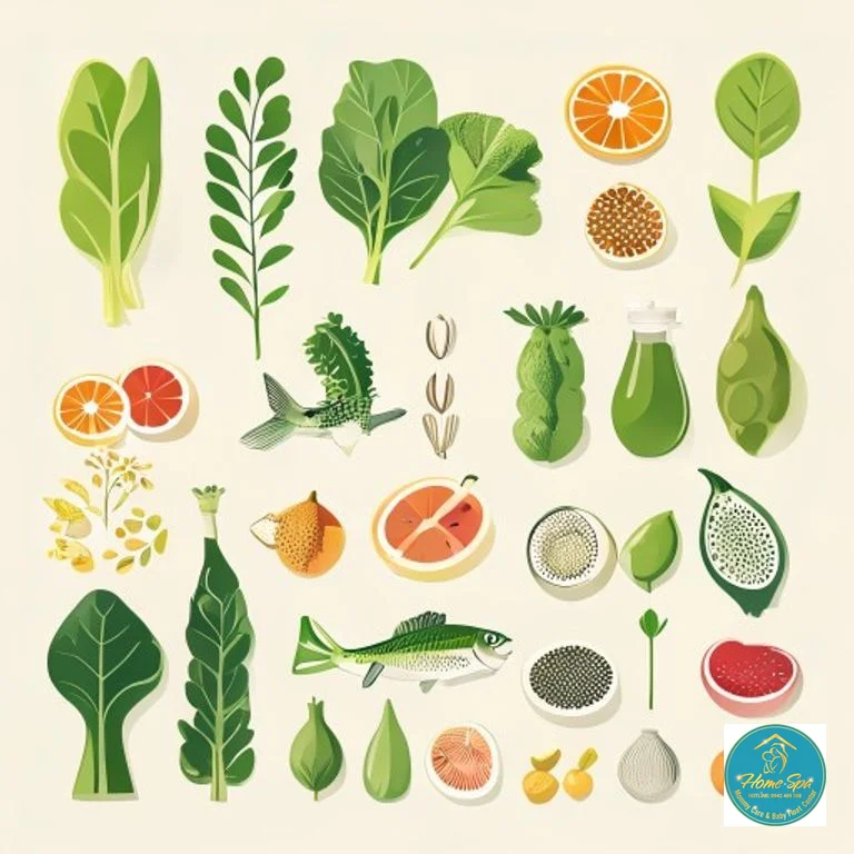 minimalist vector illustration of various lactogenic foods like leafy greens, oats, fish, and fruits, arranged aesthetically, 1024x1024