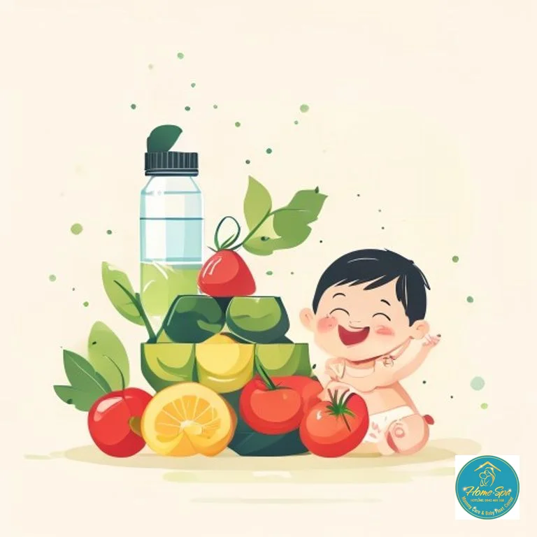minimalist vector illustration of healthy food pyramid for lactating mothers, with water bottle and a happy baby, 1024x1024
