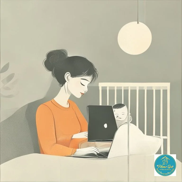minimalist vector illustration of a mother using a laptop for online consultation, baby sleeping in a crib next to her, 1024x1024