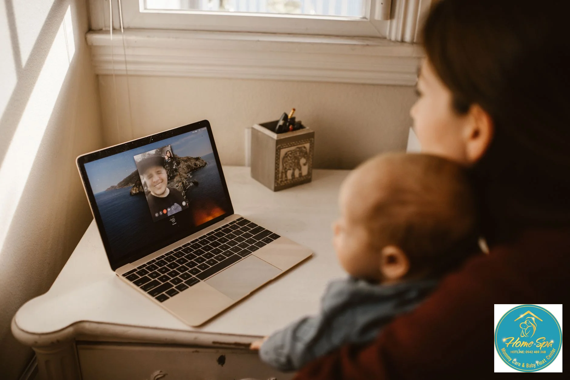 professional photo of a mother struggling with a laptop, looking frustrated during a video call, 1024x1024