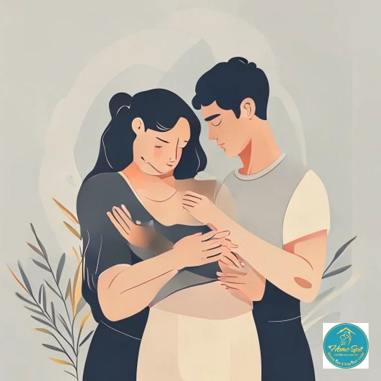 minimalist vector illustration of a new mother experiencing breast pain and stress, supported by a caring partner, 1024x1024
