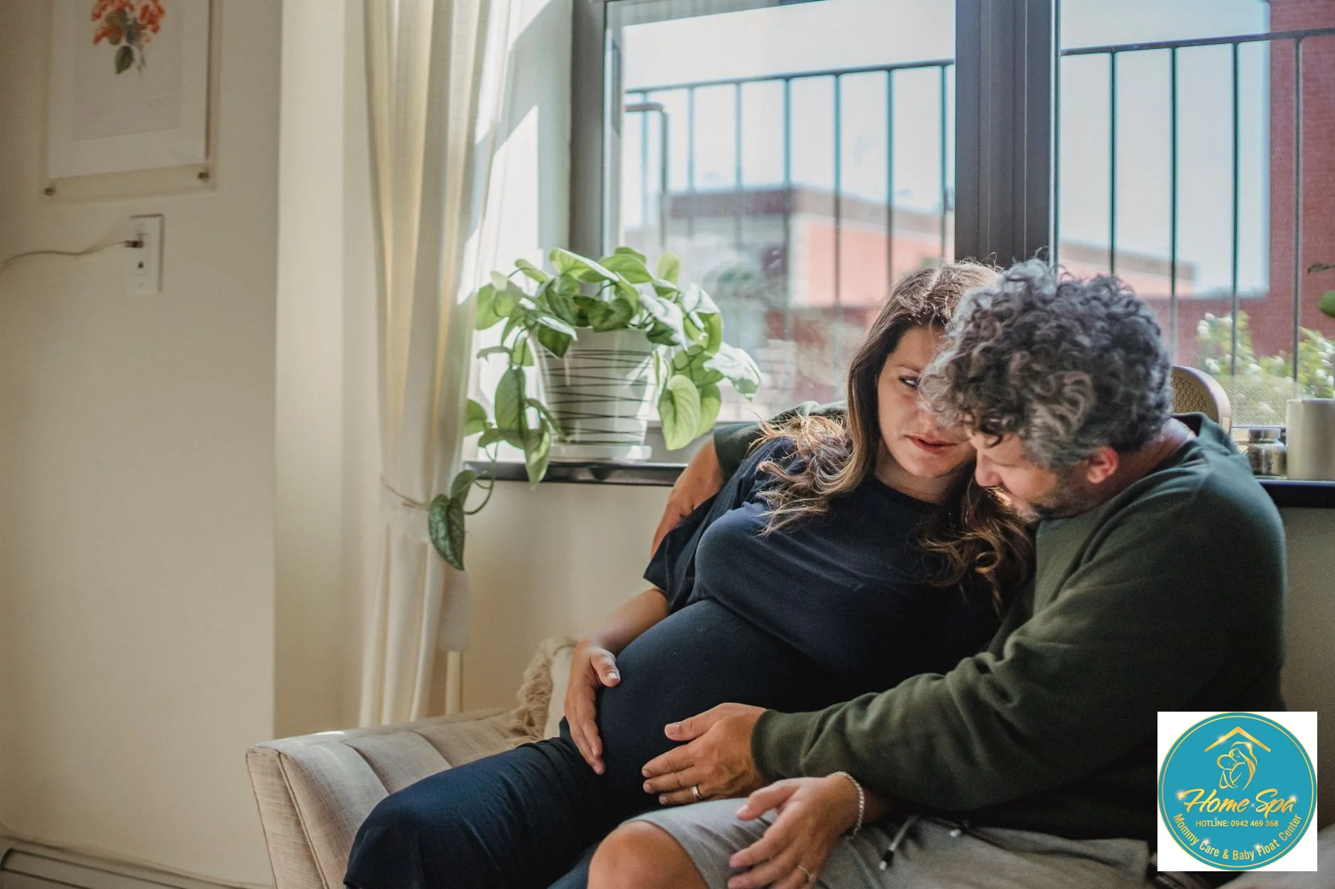 professional photo of a husband comforting his wife who is holding a baby, gentle lighting, showing support and empathy, 1024x1024