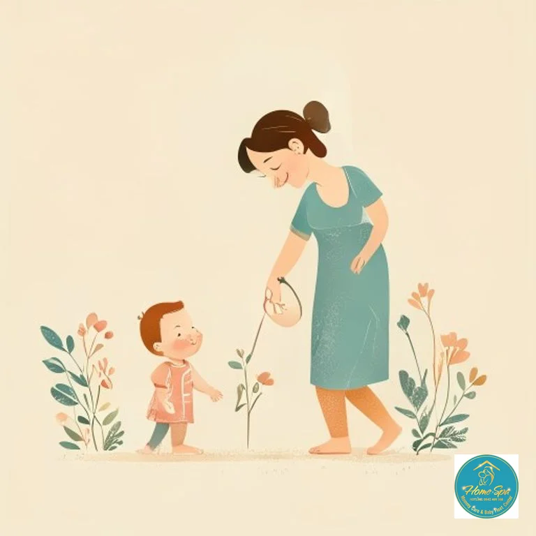 minimalist vector illustration of a baby learning to walk with a nanny's gentle support, cheerful and bright, 1024x683