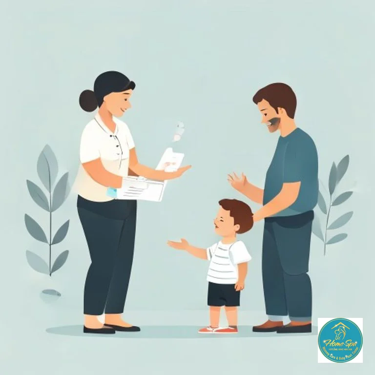 minimalist vector illustration of a nanny explaining baby care tips to parents, showing trust and expertise, 1024x1024
