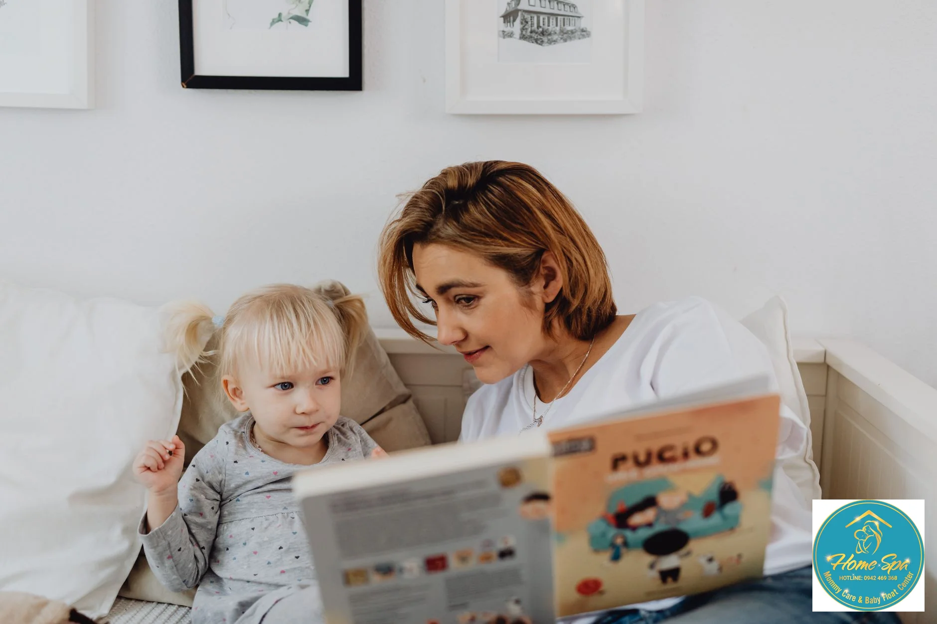 professional photo of a caring nanny reading a book to a happy toddler, bright and clean home environment, 1024x1024