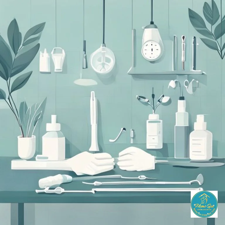 minimalist vector illustration of hygiene protocol in medical spa setting, gloves, sterilized tools, clean environment, 1024x1024