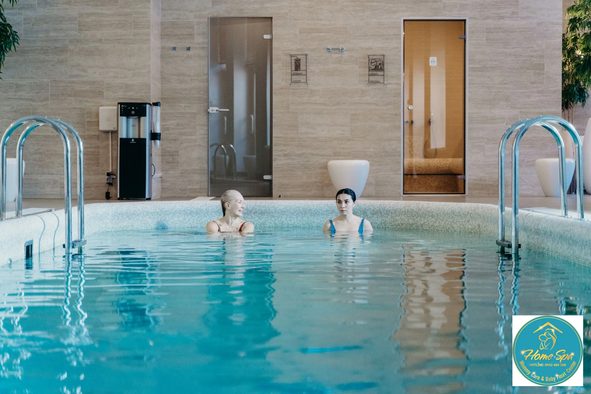 professional photo of a happy baby floating in a hydrotherapy pool with a specialized neck float, soft lighting, expert supervision in the background, 1024x1024