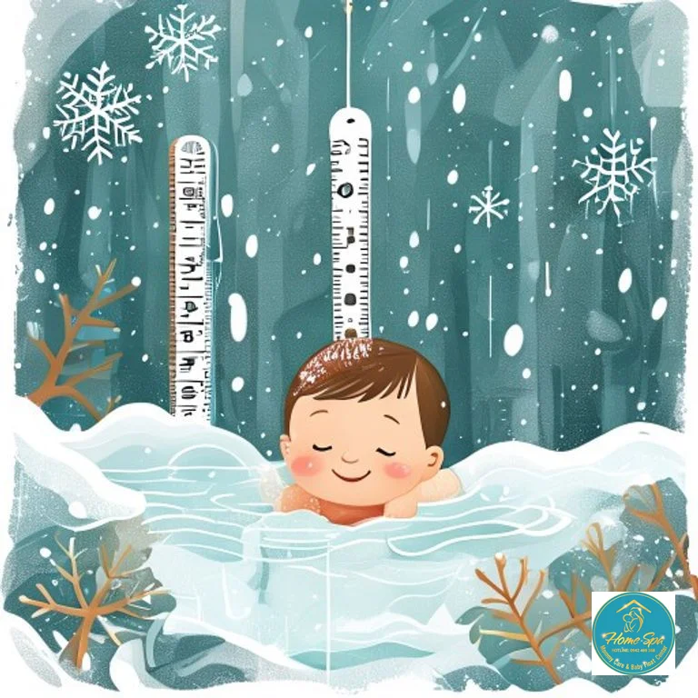 illustrative graphic showing a thermometer indicating ideal water and room temperatures for baby hydrotherapy, with winter elements like snowflakes in the background, 1024x1024