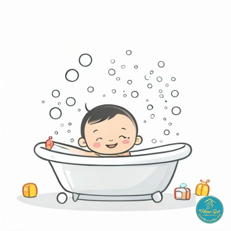 minimalist vector illustration of baby enjoying bath with bubbles and toys, cheerful, clean lines, 1024x1024