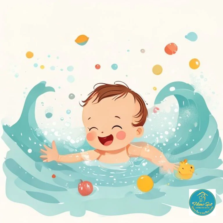 minimalist vector illustration of a baby enjoying swimming, happy expression, surrounded by gentle waves and small toys, 1024x1024