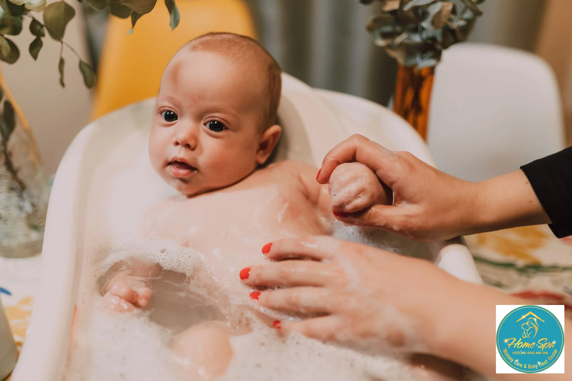 professional photo of a newborn baby enjoying hydrotherapy, gentle hands of a therapist, warm water, soft lighting, 1024x1024