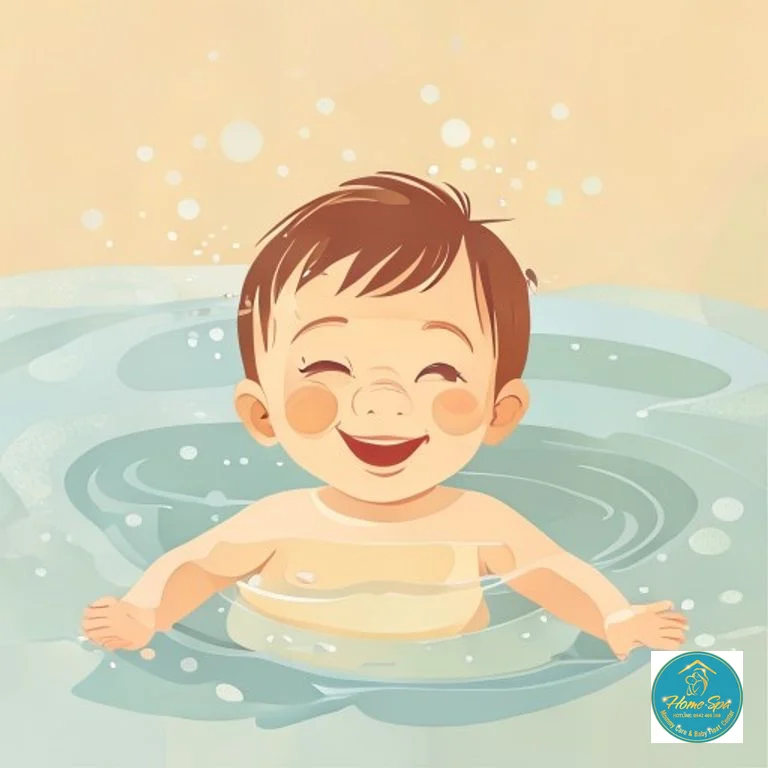 minimalist vector illustration of hydrotherapy process for infants, showing warm water and happy baby, 1024x1024