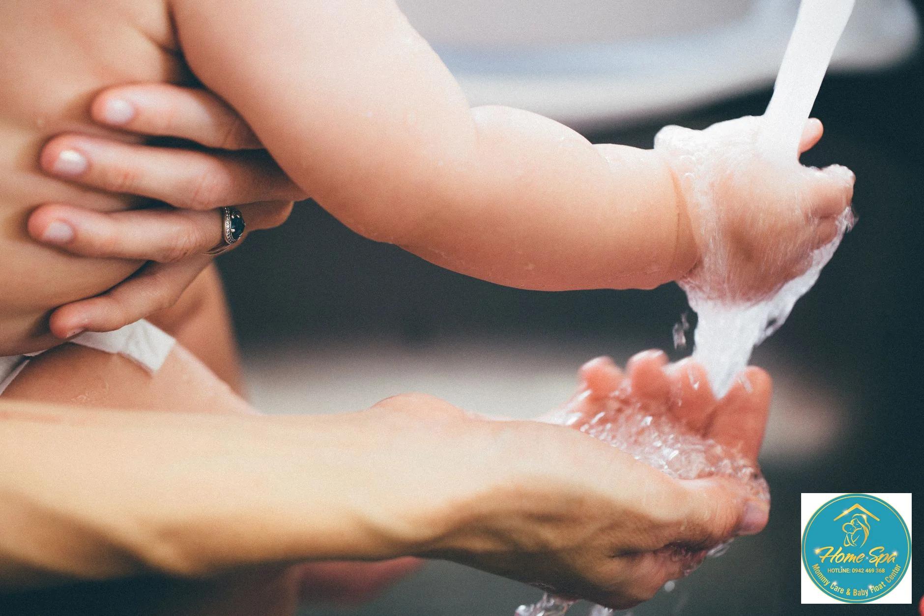 A calm baby interacting with a gentle caregiver in a warm, inviting room before a bath, soft lighting, 1024x1024