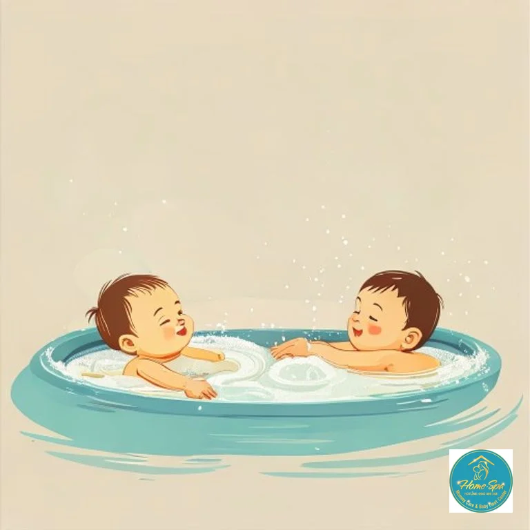 minimalist vector illustration showing a baby being bathed traditionally vs a baby floating in a hydrotherapy pool, comparing their activities, 1024x1024
