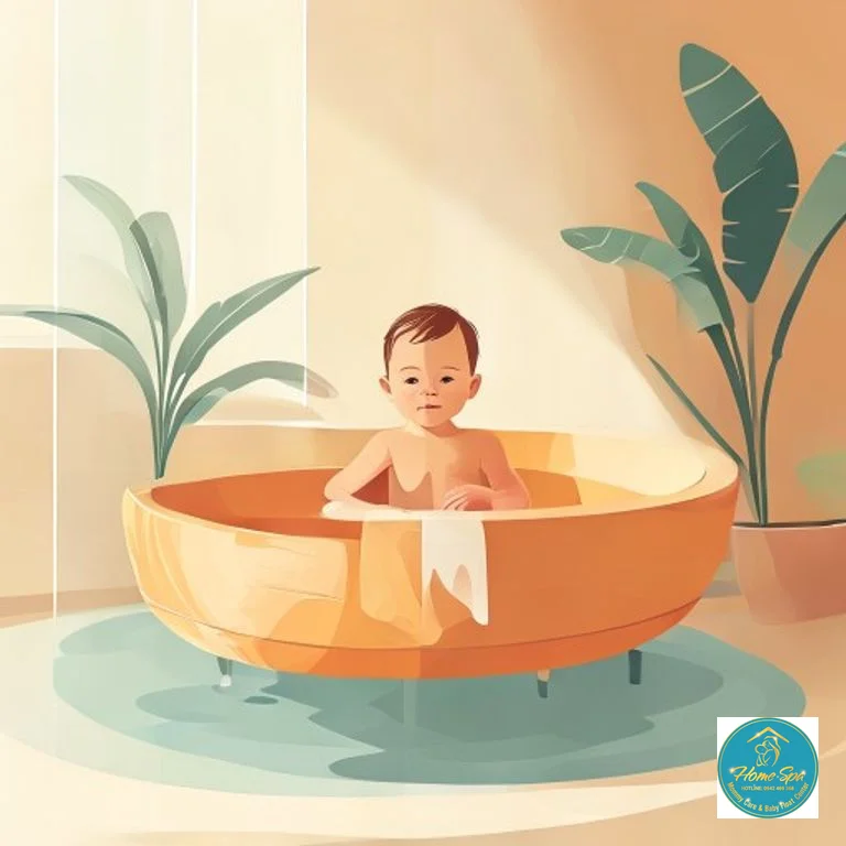 minimalist vector illustration of baby hydrotherapy safety tips, warm colors, calm atmosphere, 1024x1024