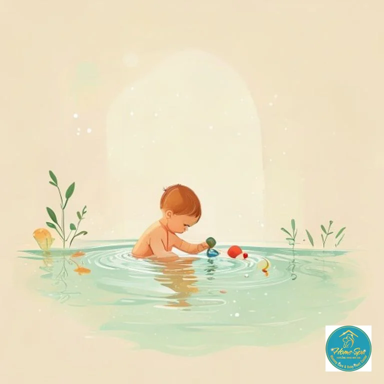 minimalist vector illustration of a baby exploring sensory toys in water, gentle and calm atmosphere, 1024x1024
