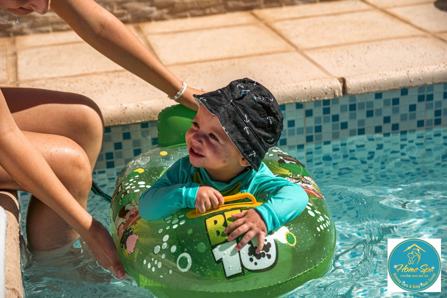 professional photo of a baby happily swimming in a hydrotherapy pool with a neck float, warm lighting, 1024x1024