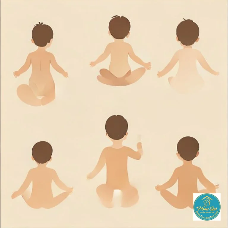 minimalist vector illustration of different infant massage techniques, showing gentle strokes on baby's limbs, abdomen, and back, 1024x1024