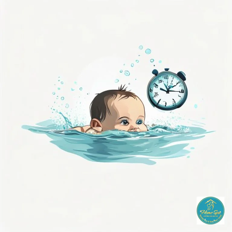 minimalist vector illustration of a baby swimming safely with a timer, showing ideal duration, 1024x1024