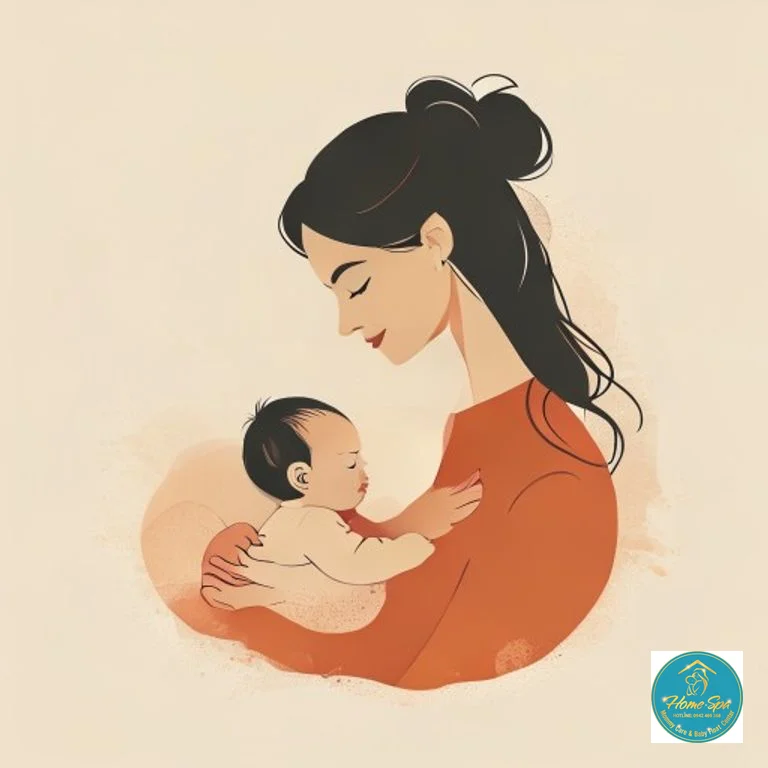 minimalist vector illustration showing a mother holding her premature baby gently after a bath, symbolizing care and warmth, 1024x1024