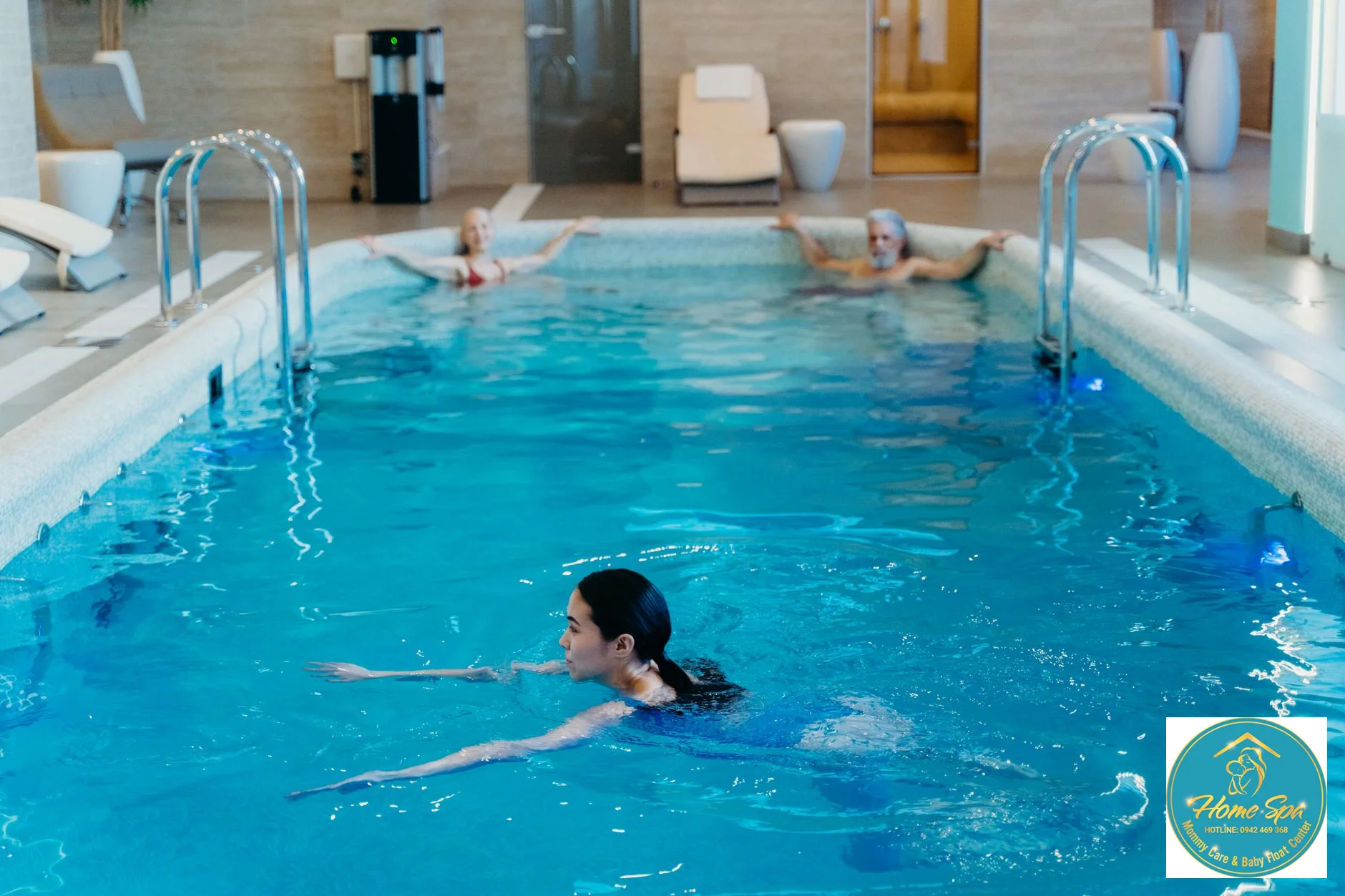 professional photo of a baby being gently lowered into a clean, warm hydrotherapy pool, clear water, soft lighting, 1024x1024