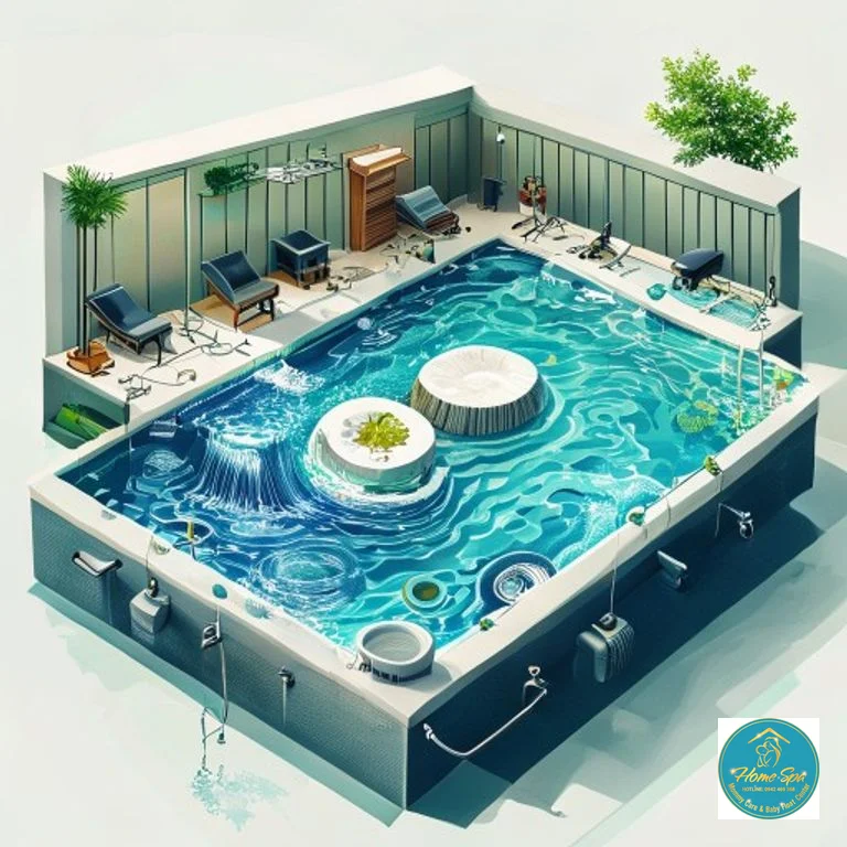 graphic illustration showing cross-section of a hydrotherapy pool with various filtration and UV sterilization components, clean water flowing, 1024x1024