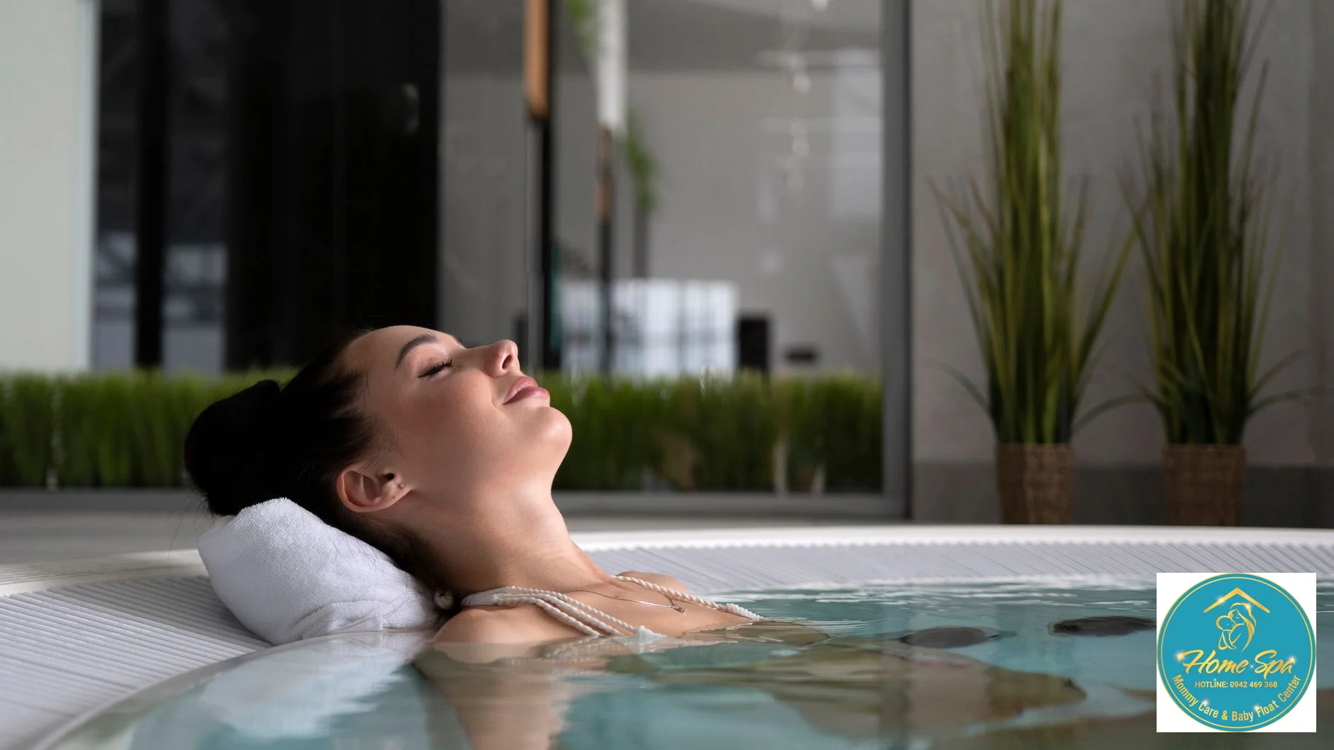 professional photo of a newborn baby in a hydrotherapy pool with a floating collar, under gentle supervision, soft lighting, 1024x1024