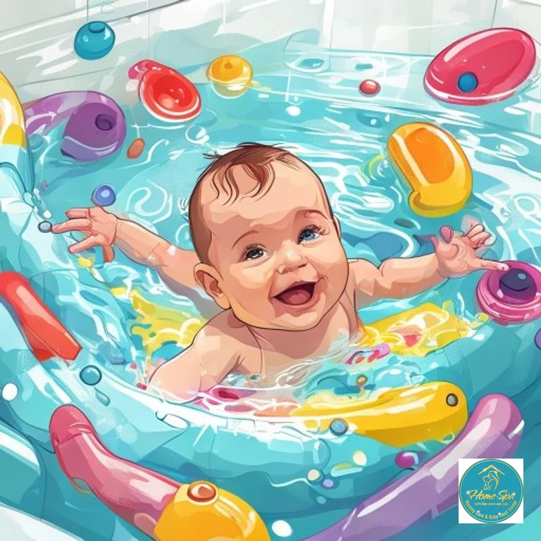 vibrant vector illustration of a baby aged 9 months happily swimming in a hydrotherapy pool with colorful toys, supervised by a professional, 1024x1024