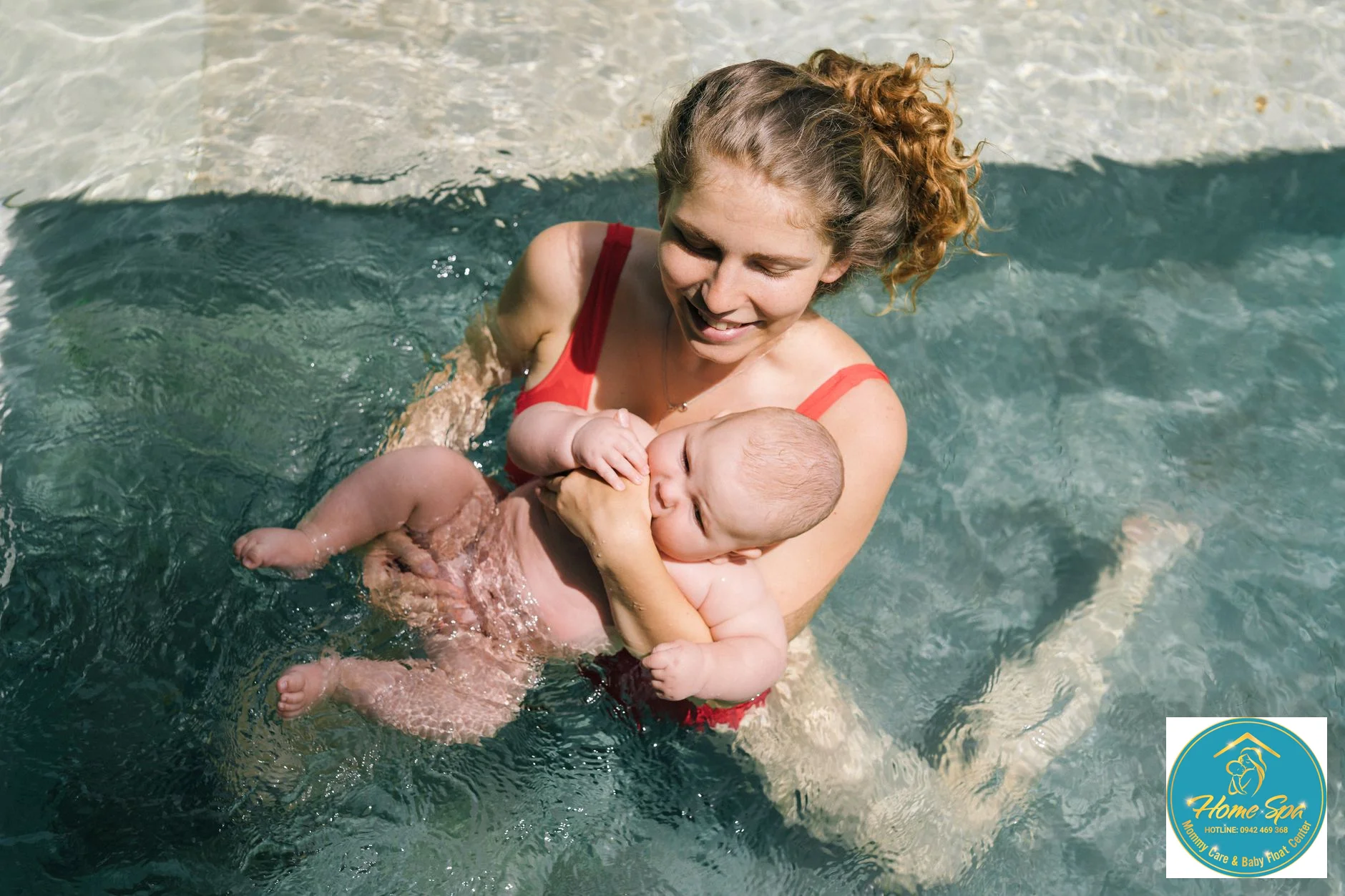 professional photo of a baby wearing a specialized neoprene swimsuit for hydrotherapy, smiling in a warm pool, 1024x1024