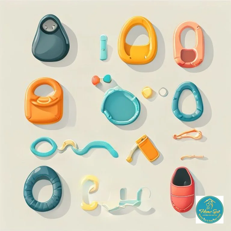 minimalist vector illustration of various baby swimming accessories including a secure neck float, a soft hooded towel, and a comfortable swim diaper, with emphasis on safety and hygiene icons, 1024x1024