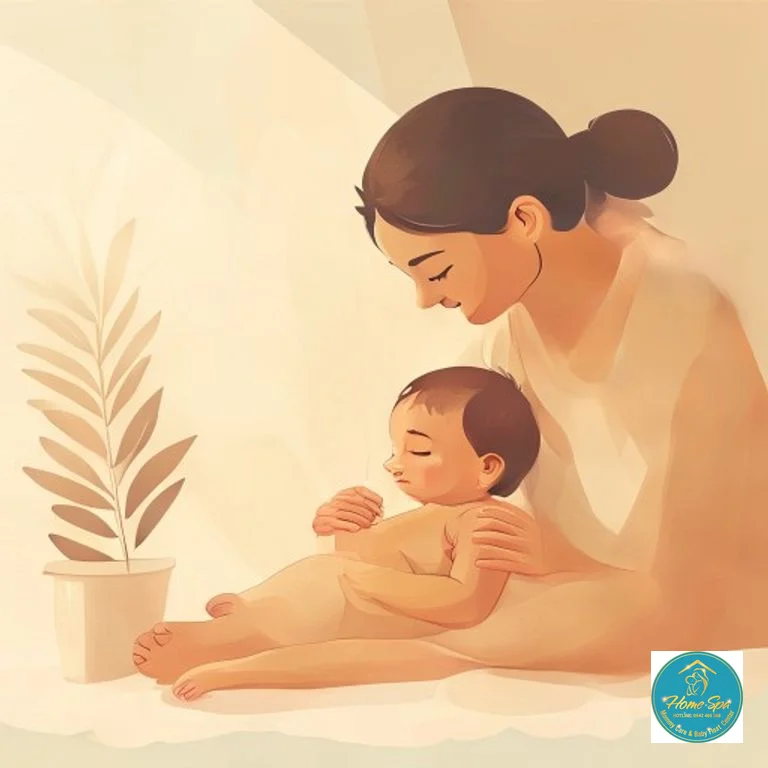 minimalist vector illustration of a baby being massaged by a professional, warm and calm atmosphere, 1024x1024