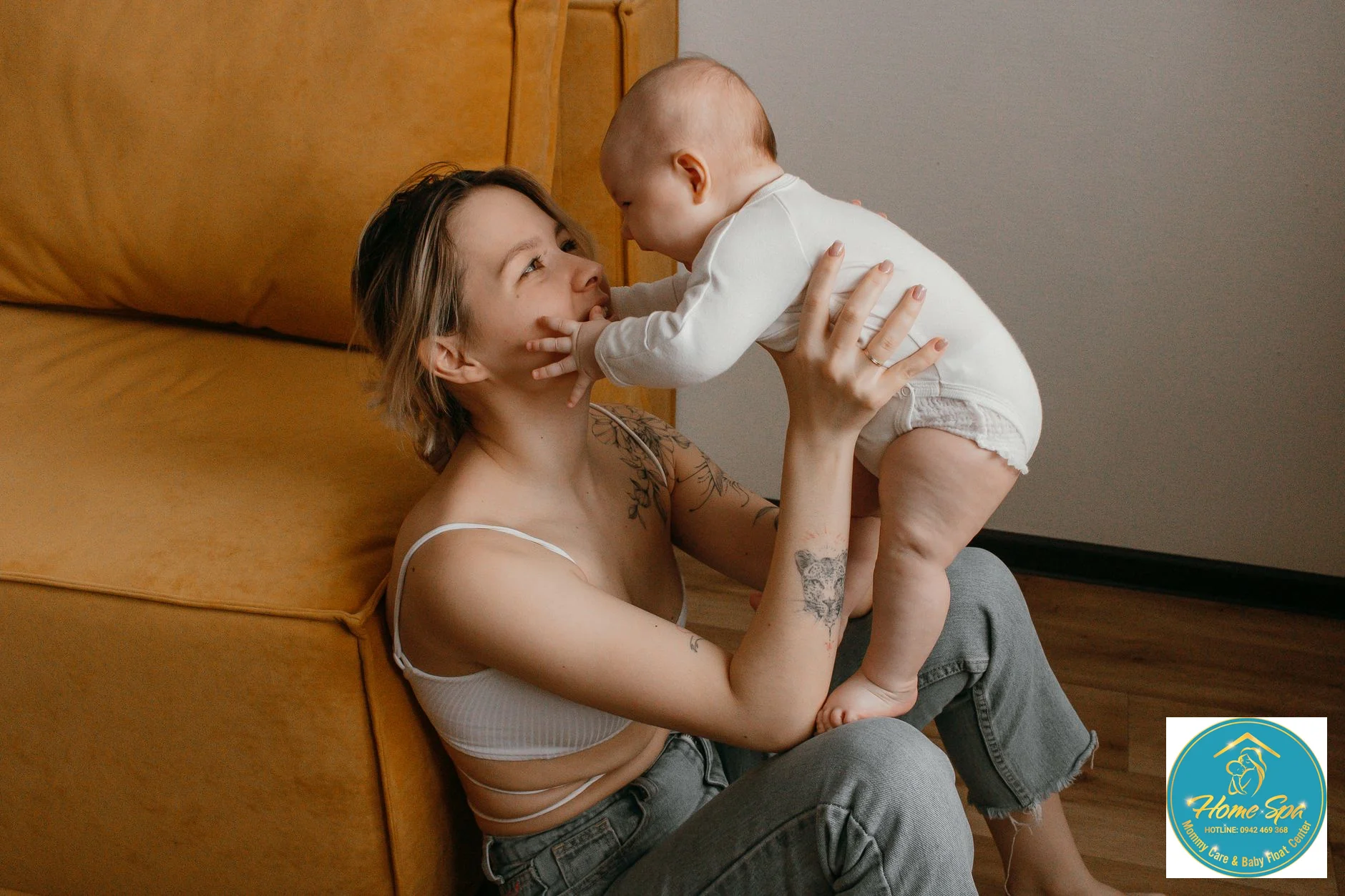 smiling female nurse interacting with a happy baby during a home visit for baby care, clean and warm room, 1024x1024