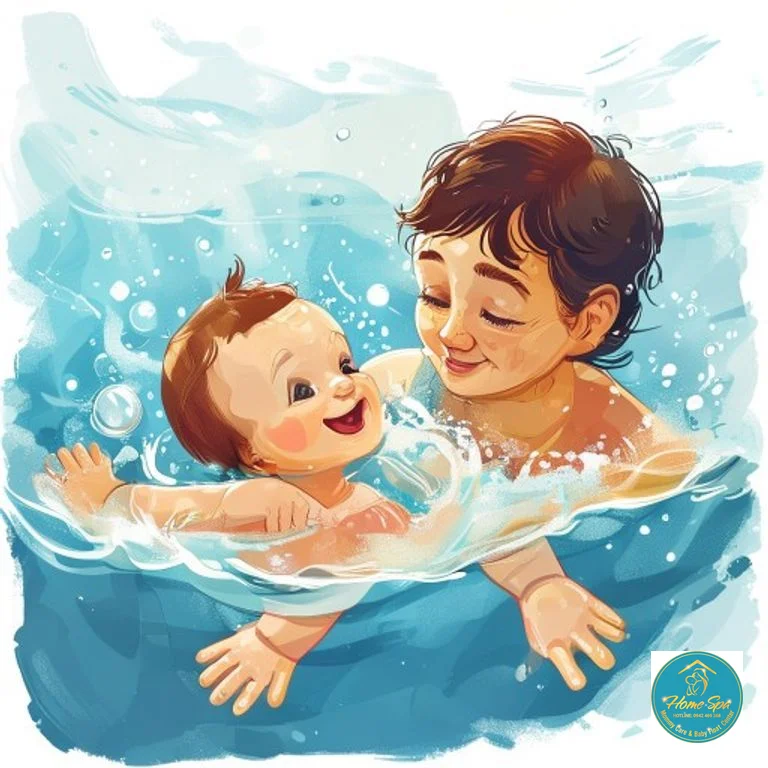 graphic illustration of a happy baby swimming with a certified instructor, showing safety and care, 1024x1024
