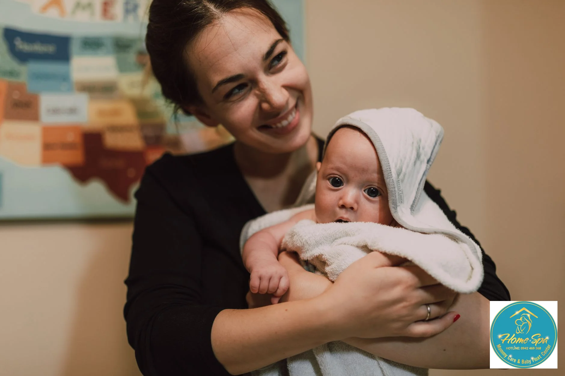 professional photo of a smiling mother gently bathing her newborn baby, soft lighting, focus on safety and care, 1024x1024