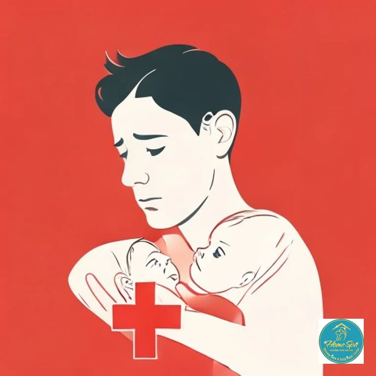 minimalist vector illustration of a worried parent holding a baby, with a red cross icon symbolizing medical attention, 1024x1024