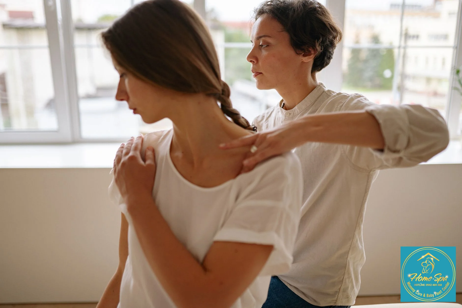 professional photo of a mother receiving breast massage from a healthcare professional, calm and supportive environment, 1024x1024