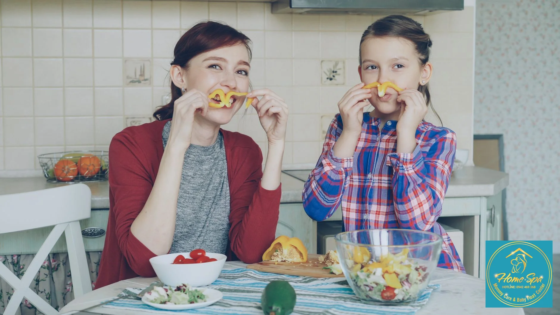 professional photo of a new mother eating a healthy salad with fresh fruits and vegetables, smiling, soft lighting, 1024x1024