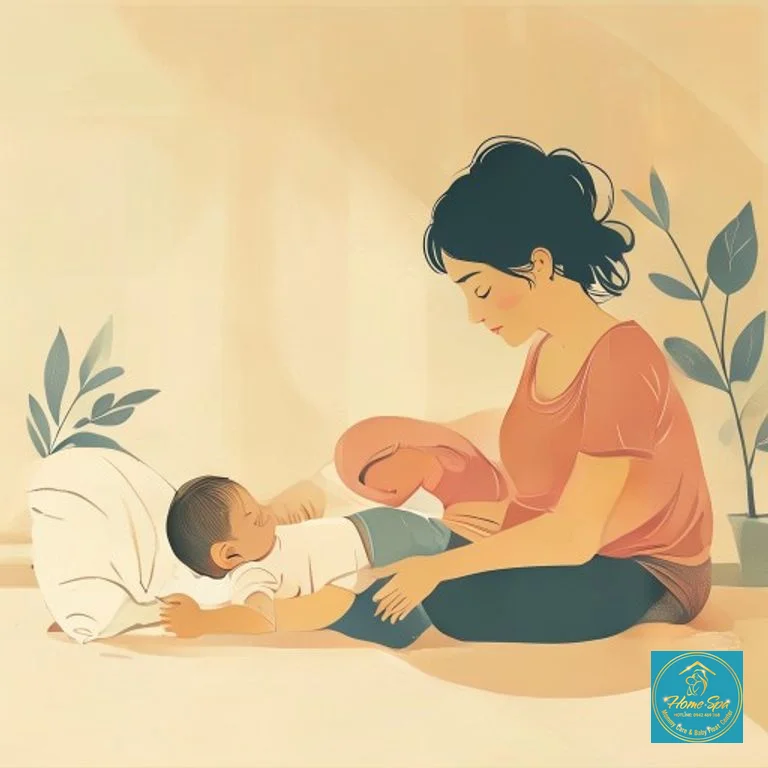minimalist vector illustration of a mother doing light postpartum exercises, a baby sleeping peacefully nearby, calming colors, 1024x1024