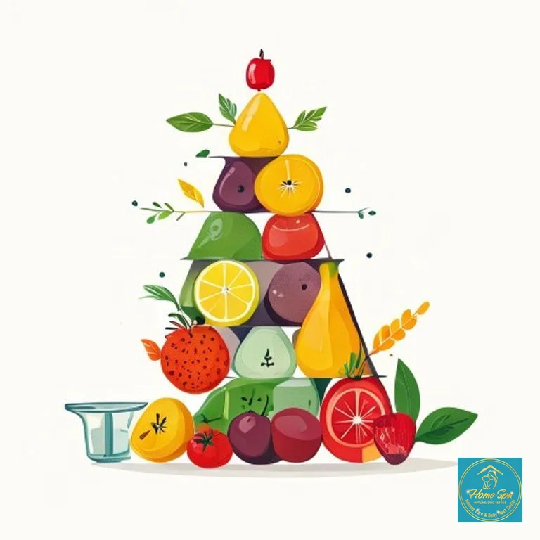 minimalist vector illustration of a healthy food pyramid for breastfeeding mothers, emphasizing hydration and balanced nutrition, 1024x1024