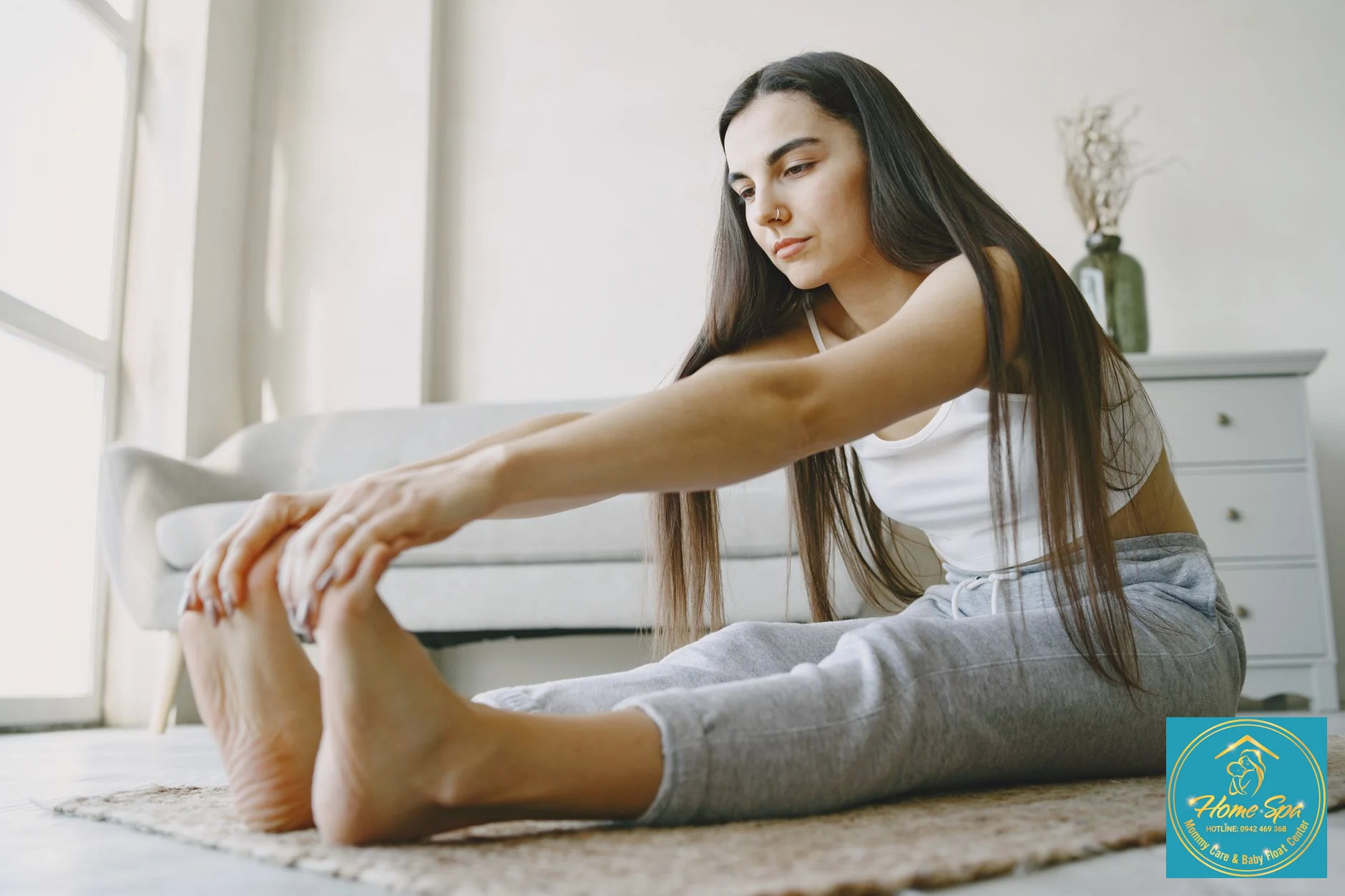 professional photo of a mother doing light stretching exercises, focusing on upper body and back, in a bright, comfortable room, 1024x1024