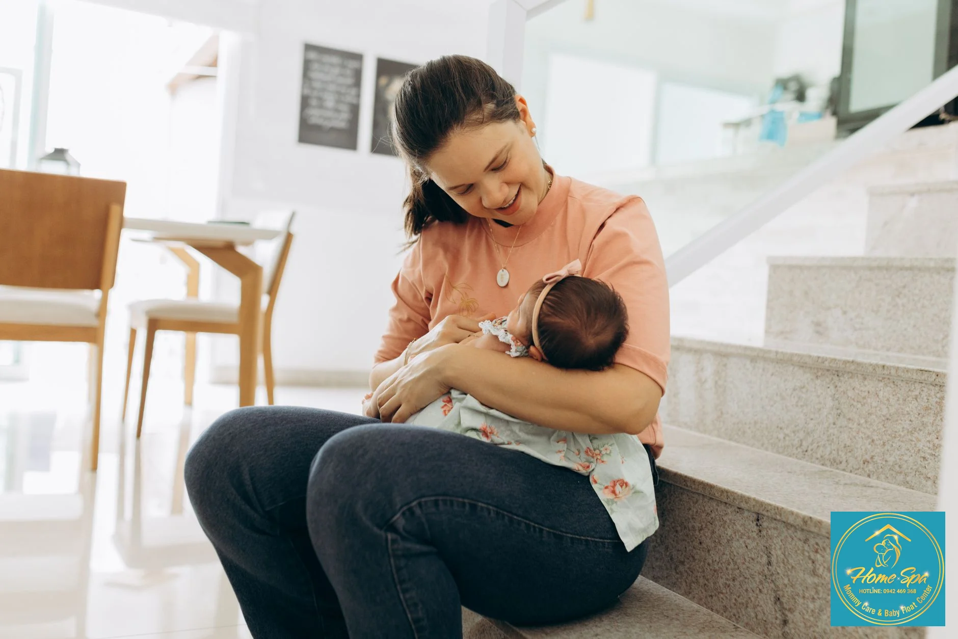 a tired, stressed new mother holding her baby, looking worried, 1024x1024
